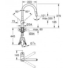  Grohe Змішувач для кухні Vento Dual Spray, довж.виливу - 223мм, поворотний/витяжний, 1важіль, хром 