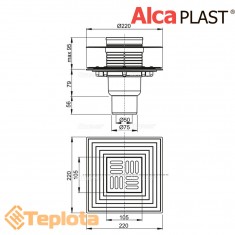  Alcaplast Зливний трап APV2324 105х105/50/74 мм, решітка з нержавіючої сталі, комбінований гідрозатвор 