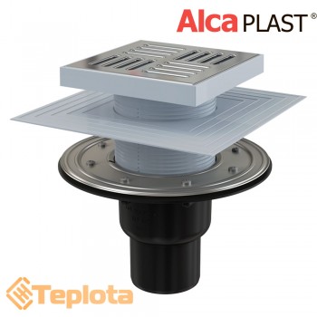  Alcaplast Зливний трап APV4444 150х150/50/75 мм, решітка з нержавіючої сталі, мокрий та сухий гідрозатвор 