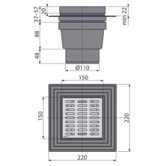  Alcaplast Зливний трап 150x150/110мм прямиц підвід, метал (APV13) 