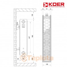  Радіатор сталевий Koer 22x500x1400B (2702 Вт, 40,24кг, нижнє підкл.,  з термоклапаном), арт. RAD092 