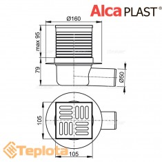  Alcaplast Зливний трап APV1 105х105/50 мм, решітка з нержавіючої сталі, мокрий гідрозатвор 