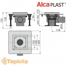  Alcaplast Зливний трап APV130 з нержавіючої сталі 130×130мм, без решітки, сифон з мокрим гідрозатвором 