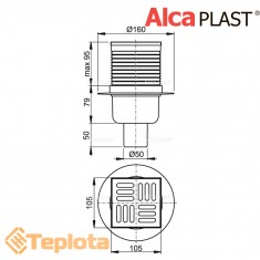  Alcaplast Зливний трап APV2 105х105/50 мм, решітка з нержавіючої сталі, мокрий гідрозатвор 