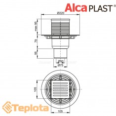  Alcaplast Зливний трап APV203 105х105/50/75 мм, решітка з нержавіючої сталі, мокрий гідрозатвор 