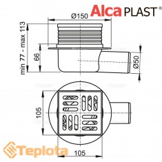  Alcaplast Зливний трап APV26 105х105/50 мм, решітка з нержавіючої сталі, низький, мокрий гідрозатвор 