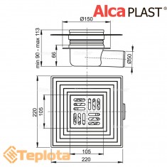  Alcaplast Зливний трап APV26C 105х105/50 мм, решітка з нержавіючої сталі, низький, сухий гідрозатвор 