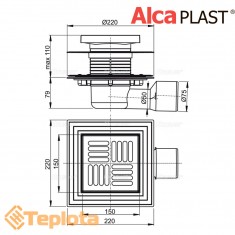  Alcaplast Зливний трап APV3444 150х150/50/75 мм, решітка з нержавіючої сталі, мокрий та сухий гідрозатвор 