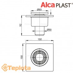  Alcaplast Зливний трап APV4 150х150/50 мм, решітка з поліпропілену, мокрий гідрозатвор 