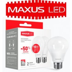 Світлодіодна лампа Светодиодная лампа  MAXUS LED A60 10W 3000K 220V E27 2 шт. (2-LED-561-P) 